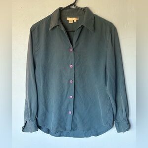 Studio 121 Dark Teal Button Down Silk Shirt with Purple Buttons